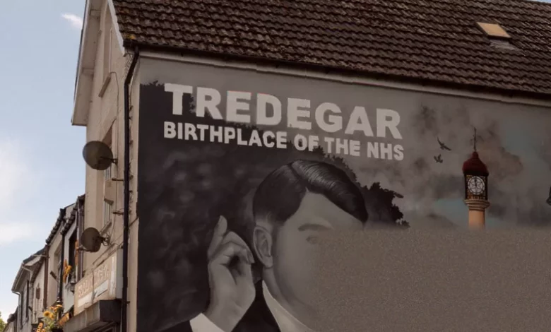 View of Tredegar town centre with murals of Labour politicians on buildings