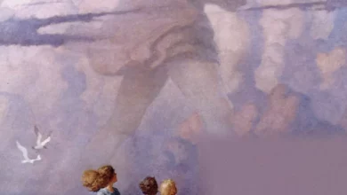 Children playing on a windswept beach with a giant figure on the horizon