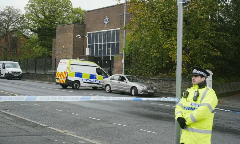 Police cordon outside Heaton Park Hebrew Congregation Synagogue in Manchester