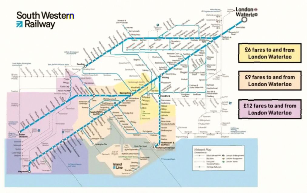 A rail network map showing SWR fare zones from London to seaside and countryside destinations