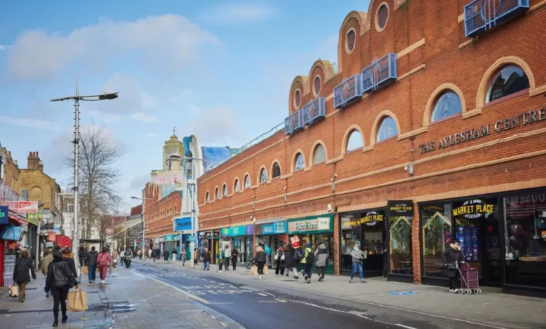 Exterior view of the Aylesham Shopping Centre in Peckham, south London