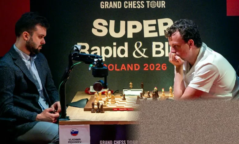 Chess grandmaster Hans Niemann playing at a board in Warsaw tournament
