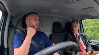 Nigel Farage rides in a tradesman’s van with Reform UK candidate Robert Kenyon