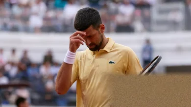 Novak Djokovic serves during his second-round match at the Italian Open in Rome.