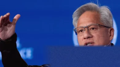 Asian stock exchange ticker board displaying sharp gains after Nvidia earnings