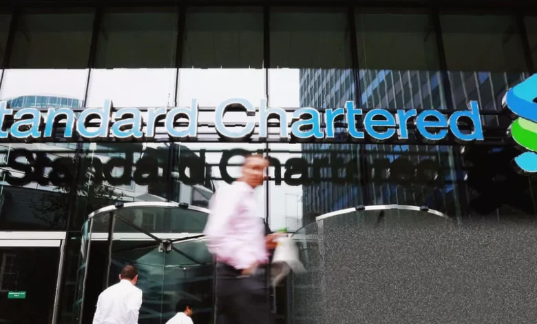 Exterior of a Standard Chartered bank branch in a UK city centre