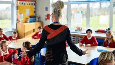 Primary school classroom with pupils seated at desks during a lesson