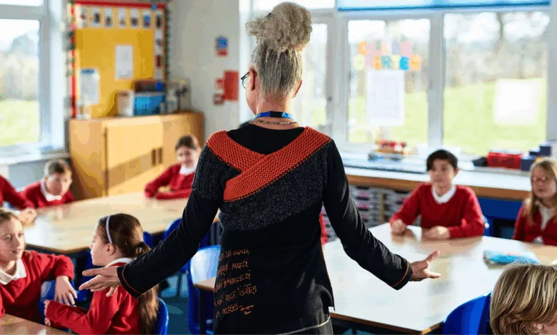 Primary school classroom with pupils seated at desks during a lesson