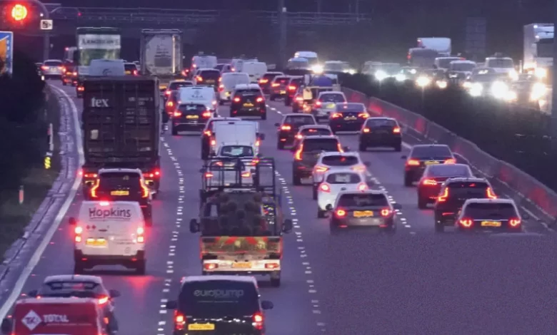 Heavy traffic on a UK motorway during a bank holiday weekend getaway