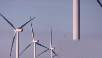 Wind turbines at an offshore windfarm under construction in the North Sea