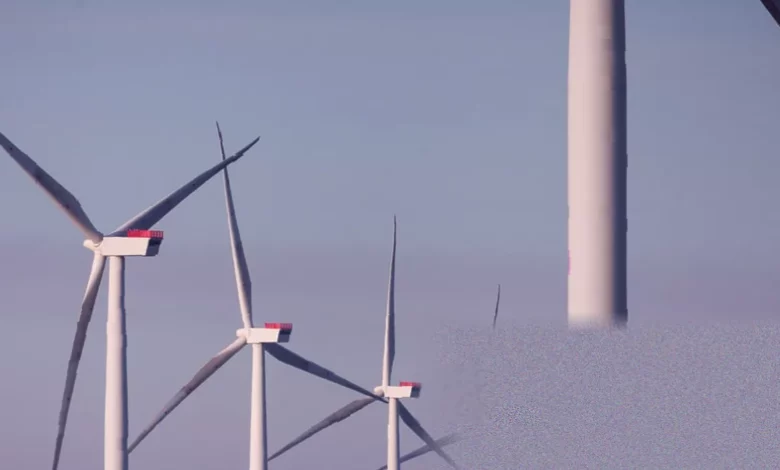 Wind turbines at an offshore windfarm under construction in the North Sea