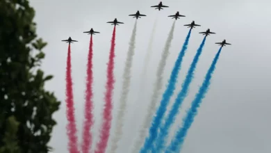 Red Arrows jets flying in formation over New York City skyline on Independence Day