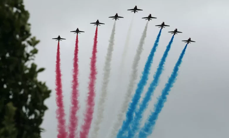 Red Arrows jets flying in formation over New York City skyline on Independence Day