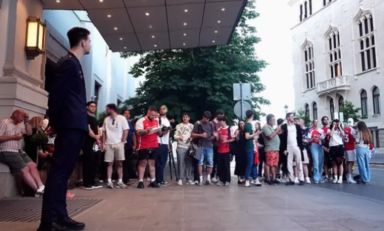 Hungarian police officers standing guard outside a Champions League final venue