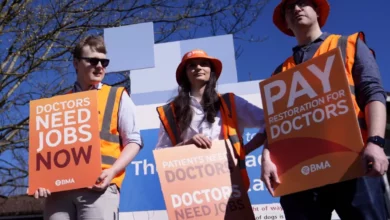 Picketing resident doctors outside an NHS hospital in England during a previous strike