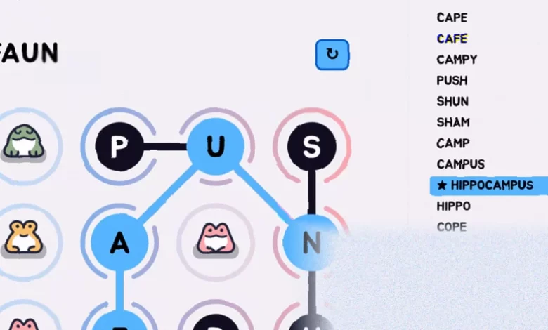 A digital maze of connected letters from the Ribbit word game