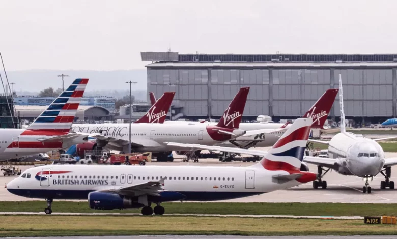 Aerial view of Heathrow Airport with runway expansion plans under review
