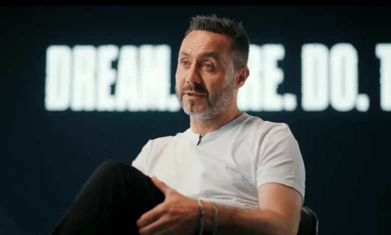 Tottenham Hotspur manager Roberto De Zerbi speaking during a press conference at the club's training ground