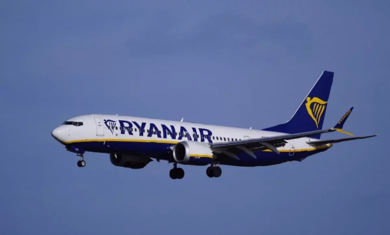 Ryanair aircraft parked on a tarmac at a European airport during daylight hours