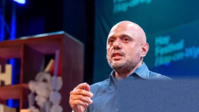 Sajid Javid speaking on stage at the Hay Festival in Wales