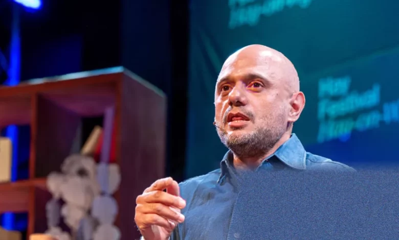 Sajid Javid speaking on stage at the Hay Festival in Wales