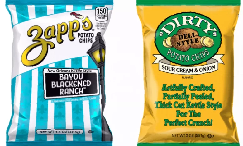 Packets of Zapp’s and Dirty potato chips being removed from a shop shelf in the United States