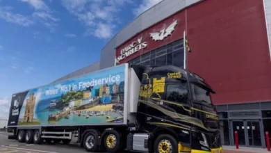Parc y Scarlets stadium exterior with food supplier branding visible