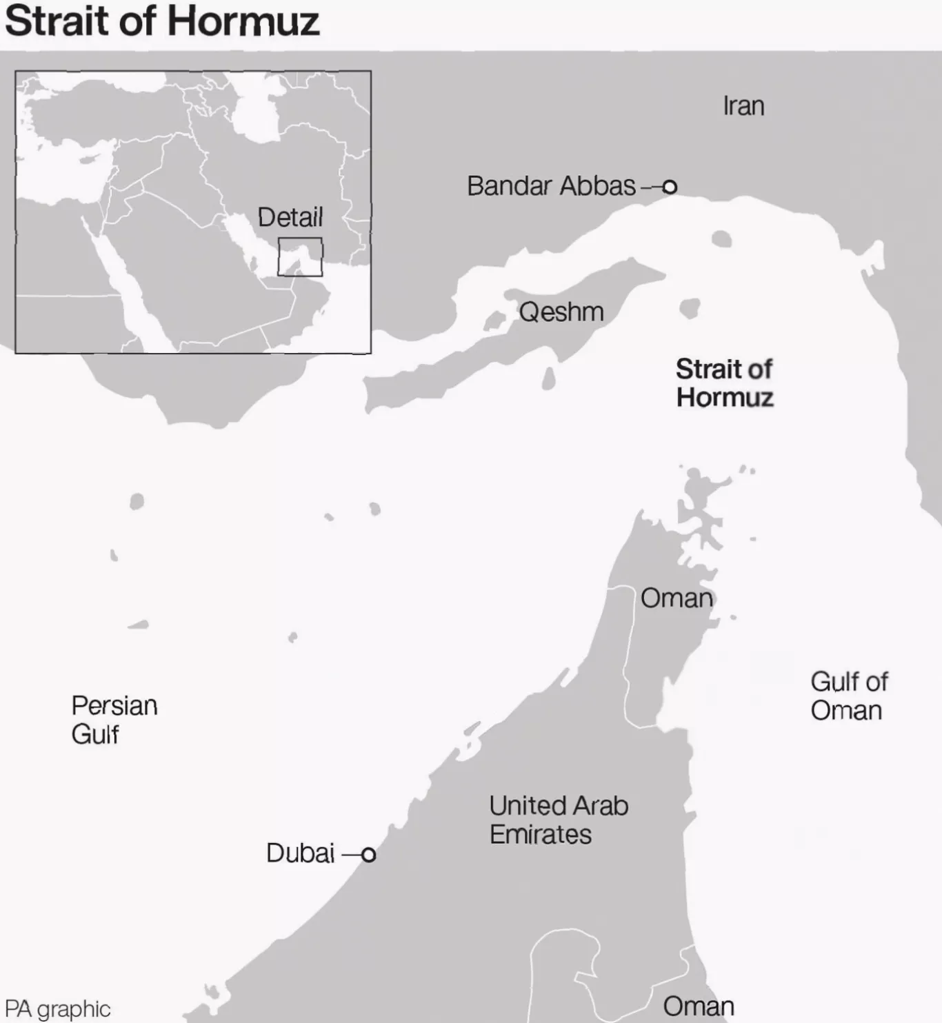 Map highlighting Iran and the Strait of Hormuz with military tension markers