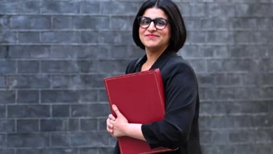 Home Secretary Shabana Mahmood speaking into a podcast microphone in a studio