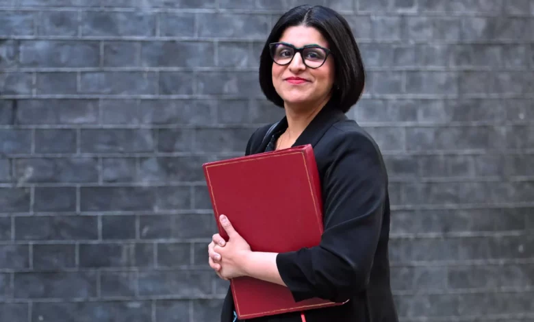 Home Secretary Shabana Mahmood speaking into a podcast microphone in a studio