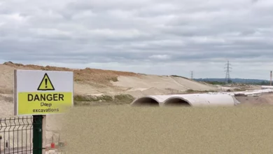 Construction site for the HS2 high-speed railway with earthworks and heavy machinery