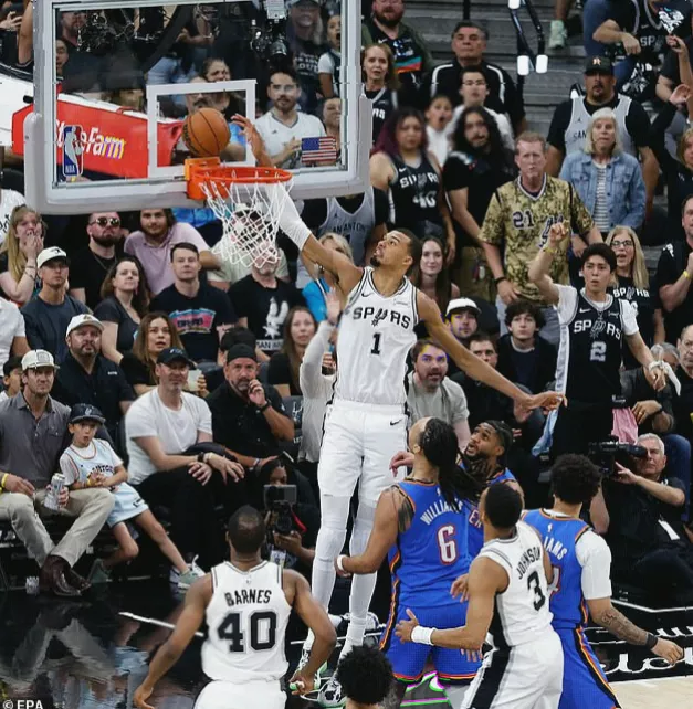 Spurs bench players celebrate a fast-break point during an NBA playoff match