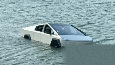 A Tesla Cybertruck being hauled from Grapevine Lake in Texas.