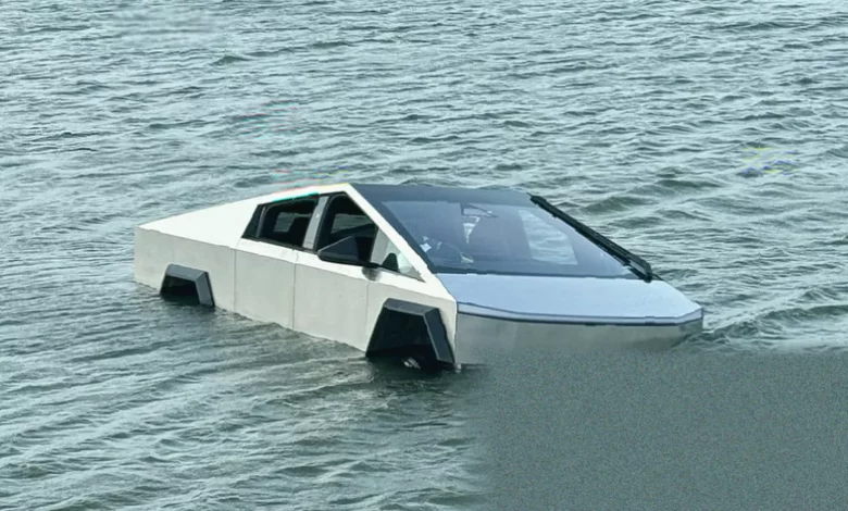 A Tesla Cybertruck being hauled from Grapevine Lake in Texas.