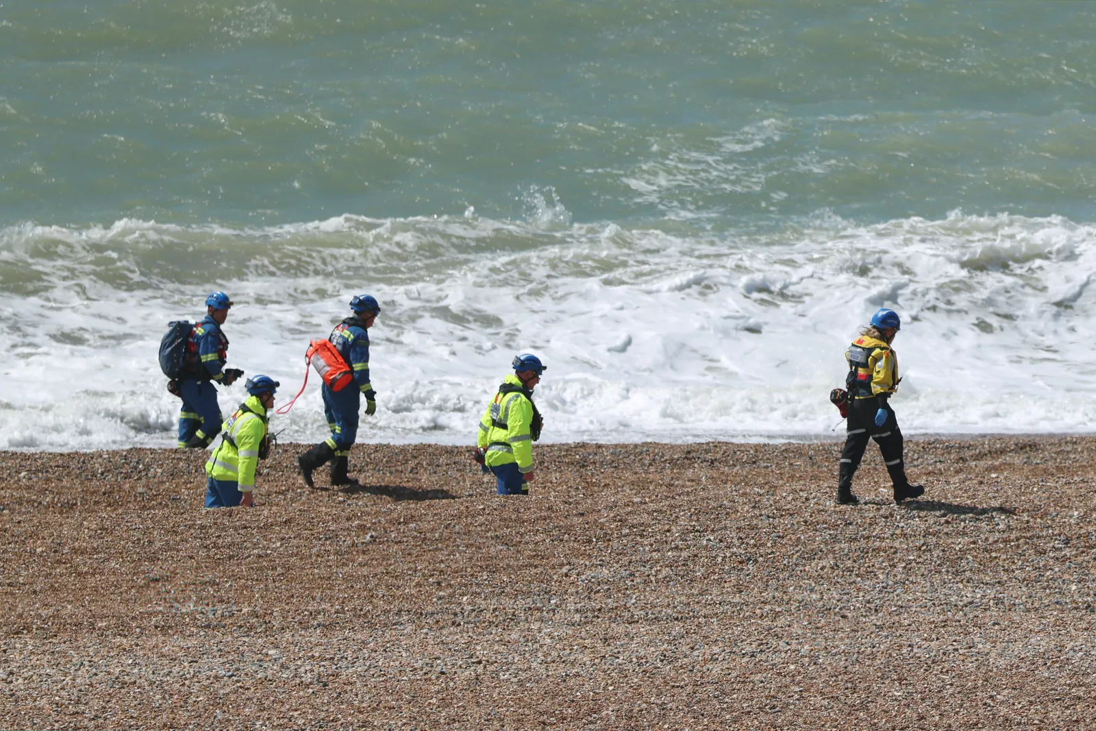 View of the shingle shoreline and rough sea conditions off Brighton on the morning of the incident