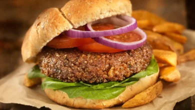 Shelf of vegan burgers and sausages in a UK supermarket undergoing testing