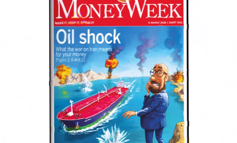 Stack of MoneyWeek print magazines on a desk with a pen