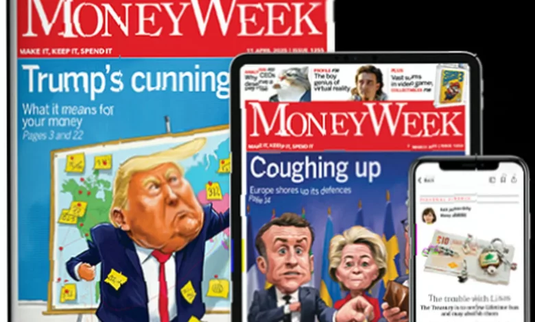 Stack of MoneyWeek financial magazines on a desk with a coffee cup