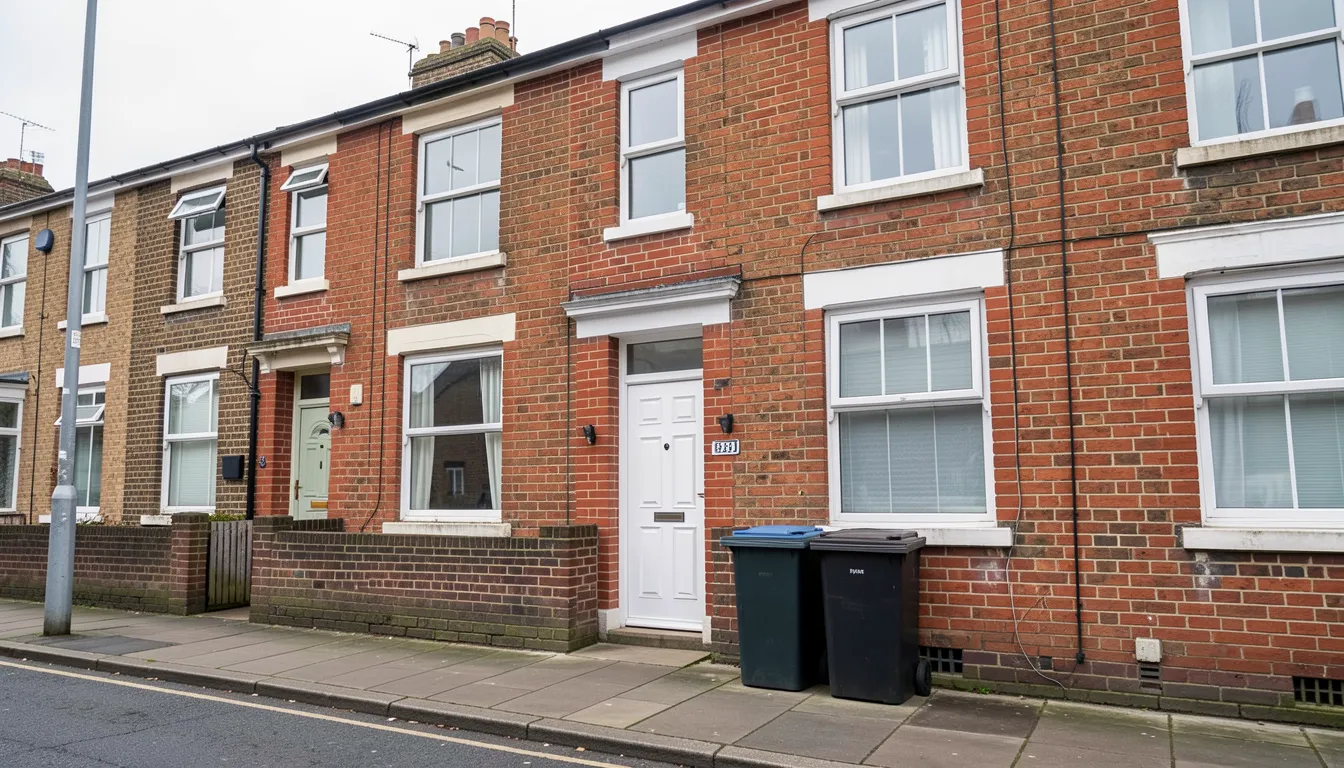 Exterior of a typical British rented terraced house with a uPVC front door and wheelie bins outside