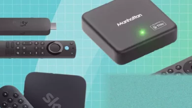 A living room with a wireless TV streamer box connected to a television via HDMI