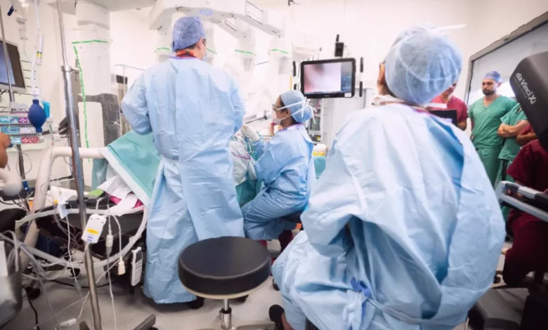 Surgeon viewing a screen with colour-coded tissues during a bowel resection operation