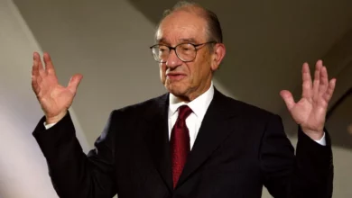 A profile portrait of Alan Greenspan in a dark suit during his tenure as Federal Reserve chairman