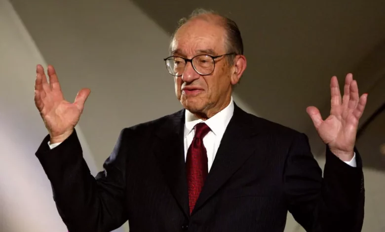 A profile portrait of Alan Greenspan in a dark suit during his tenure as Federal Reserve chairman