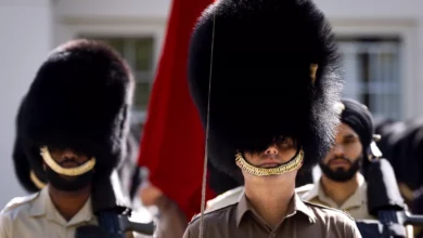 Bearskin caps worn by King's Guards during a ceremonial parade outside Buckingham Palace