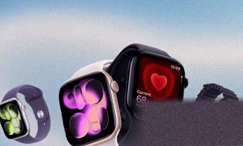 Close-up of three Apple Watch models on a retail display