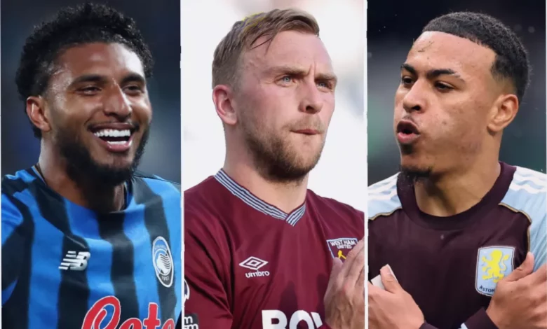 Football transfer window activity with Premier League club crests and summer sky backdrop