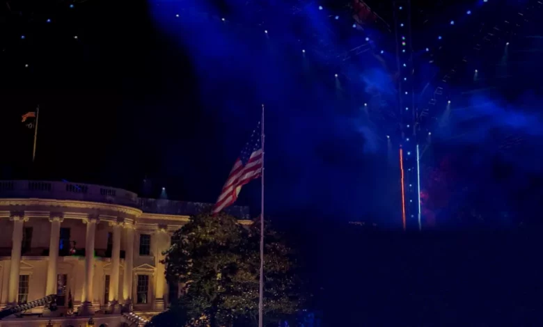 White House South Lawn with a large steel canopy and octagon cage for UFC fights