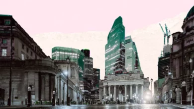 View of the Bank of England building in London's financial district