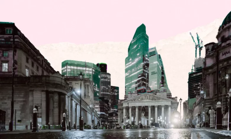 View of the Bank of England building in London's financial district