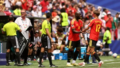 A World Cup pitch with stadium floodlights and team flags ahead of Belgium versus Iran.
